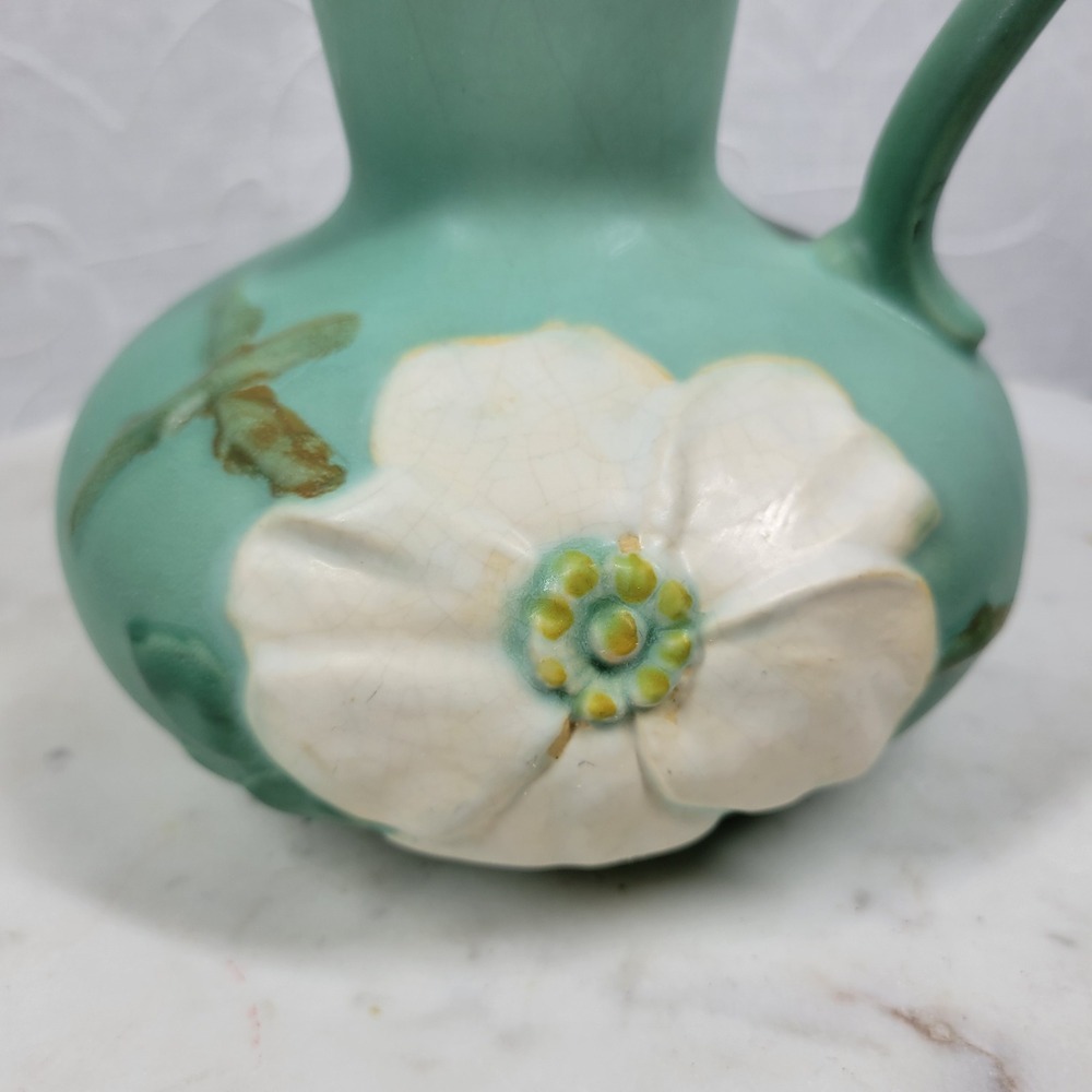 Vintage 1930s Weller Pottery Dogwood Pitcher Vase Aqua Blue Floral Art Deco - Picture 11 of 16